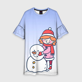 Детское платье 3D с принтом Девочка лепит снеговика в Санкт-Петербурге, 100% полиэстер | прямой силуэт, чуть расширенный к низу. Круглая горловина, на рукавах — воланы | Тематика изображения на принте: 2022 | девочка | зима | зимние забавы | милота | рисунок | снег | снеговик | снежок | холод