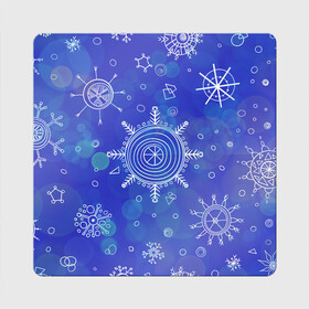 Магнит виниловый Квадрат с принтом Белые простые снежинки на синем фоне в Санкт-Петербурге, полимерный материал с магнитным слоем | размер 9*9 см, закругленные углы | белые снежинки | зимний | зимний паттерн | новогодний | паттерн со снежинками | светящееся снежинки | синий фон | снегопад | снегопад на синем фоне | снежинки | снежинки карандашом