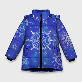 Зимняя куртка для девочек 3D с принтом Белые простые снежинки на синем фоне в Санкт-Петербурге, ткань верха — 100% полиэстер; подклад — 100% полиэстер, утеплитель — 100% полиэстер. | длина ниже бедра, удлиненная спинка, воротник стойка и отстегивающийся капюшон. Есть боковые карманы с листочкой на кнопках, утяжки по низу изделия и внутренний карман на молнии. 

Предусмотрены светоотражающий принт на спинке, радужный светоотражающий элемент на пуллере молнии и на резинке для утяжки. | Тематика изображения на принте: белые снежинки | зимний | зимний паттерн | новогодний | паттерн со снежинками | светящееся снежинки | синий фон | снегопад | снегопад на синем фоне | снежинки | снежинки карандашом