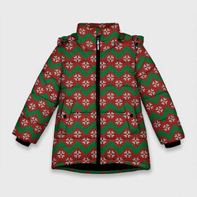 Зимняя куртка для девочек 3D с принтом Knitted Snowflake Pattern в Санкт-Петербурге, ткань верха — 100% полиэстер; подклад — 100% полиэстер, утеплитель — 100% полиэстер. | длина ниже бедра, удлиненная спинка, воротник стойка и отстегивающийся капюшон. Есть боковые карманы с листочкой на кнопках, утяжки по низу изделия и внутренний карман на молнии. 

Предусмотрены светоотражающий принт на спинке, радужный светоотражающий элемент на пуллере молнии и на резинке для утяжки. | background | christmas | geometry | knitted pattern | new year | pattern | snowflakes | texture | вязаный узор | геометрия | новый год | паттерн | рождество | снежинки | текстура | узор | фон
