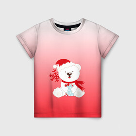 Детская футболка 3D с принтом Белый мишка с подарком в Санкт-Петербурге, 100% гипоаллергенный полиэфир | прямой крой, круглый вырез горловины, длина до линии бедер, чуть спущенное плечо, ткань немного тянется | белый мишка | градиент | зима | коробочка | медведь | милота | нейтральный | новый год | подарок | полярный мишка | рисунок | снежинка | сюрприз | шапочка