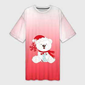 Платье-футболка 3D с принтом Белый мишка с подарком в Санкт-Петербурге,  |  | белый мишка | градиент | зима | коробочка | медведь | милота | нейтральный | новый год | подарок | полярный мишка | рисунок | снежинка | сюрприз | шапочка