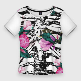 Женская футболка 3D Slim с принтом Скелетон в пионах в Санкт-Петербурге,  |  | кости и букет | кости и пионы | кости и цветы | пионы | принт для молодежи | скелет | скелет и пионы | скелет цветы | современный принт | цветы