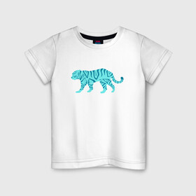 Детская футболка хлопок с принтом водяной тигр 2022 в Санкт-Петербурге, 100% хлопок | круглый вырез горловины, полуприлегающий силуэт, длина до линии бедер | Тематика изображения на принте: 2022зима | blue water tiger | year of the tiger | водный тигр | год тигра | ёлка | кошка | новыйгод | синие полоски | тигр