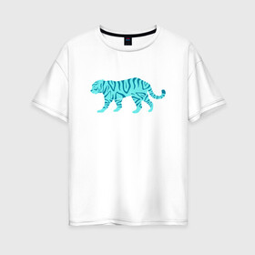 Женская футболка хлопок Oversize с принтом водяной тигр 2022 в Санкт-Петербурге, 100% хлопок | свободный крой, круглый ворот, спущенный рукав, длина до линии бедер
 | 2022зима | blue water tiger | year of the tiger | водный тигр | год тигра | ёлка | кошка | новыйгод | синие полоски | тигр