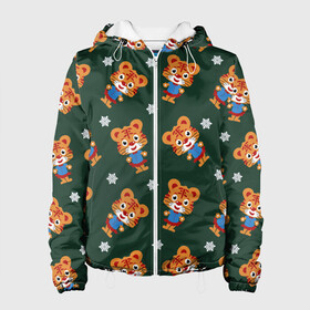 Женская куртка 3D с принтом Тигрёнок и снежинка в Санкт-Петербурге, ткань верха — 100% полиэстер, подклад — флис | прямой крой, подол и капюшон оформлены резинкой с фиксаторами, два кармана без застежек по бокам, один большой потайной карман на груди. Карман на груди застегивается на липучку | кошки | новый год | символ года | снежинки | тигр