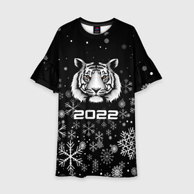 Детское платье 3D с принтом Новогодний тиг 2022 со снежинками. в Санкт-Петербурге, 100% полиэстер | прямой силуэт, чуть расширенный к низу. Круглая горловина, на рукавах — воланы | 2022 | merry christmas | год тигра | нг | новогодний тигр | новогодняя символика | новый год | рождество | символ 2022 года | снежинки | тигр