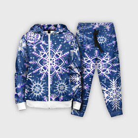 Детский костюм 3D с принтом Белые снежинки на темно синем фоне в Санкт-Петербурге,  |  | белое на темном | белые снежинки | зима | зимний мотив | зимний паттерн | зимний узор | зимняя | падают снежинки | паттерн снежинки | снег | снегопад | снежинки | снежная | темно синий