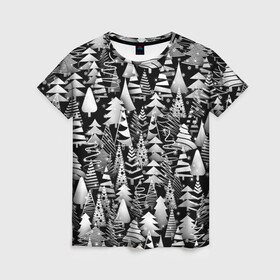 Женская футболка 3D с принтом Лес абстрактных ёлок в Санкт-Петербурге, 100% полиэфир ( синтетическое хлопкоподобное полотно) | прямой крой, круглый вырез горловины, длина до линии бедер | абстракция | ёлка | ель | лес | новогодний | новый год | паттерн | рождество | снег | снежинки | чернобелый