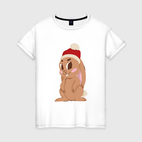 Женская футболка хлопок с принтом Новогодний зайчик 2022 в Санкт-Петербурге, 100% хлопок | прямой крой, круглый вырез горловины, длина до линии бедер, слегка спущенное плечо | Тематика изображения на принте: 2022 | заяц | кролик | новый год