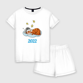 Женская пижама с шортиками хлопок с принтом Спящий тигр 2022 в Санкт-Петербурге, 100% хлопок | футболка прямого кроя, шорты свободные с широкой мягкой резинкой | 2022 | год тигра | новый год | новый год 2022 | символ года | тигр | тигренок | тигрица | тигры