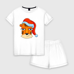Женская пижама с шортиками хлопок с принтом Забавный тигр 2022 в Санкт-Петербурге, 100% хлопок | футболка прямого кроя, шорты свободные с широкой мягкой резинкой | 2022 | год тигра | новый год | новый год 2022 | символ года | тигр | тигренок | тигрица | тигры