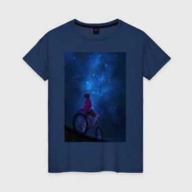 Женская футболка хлопок с принтом Взгляд на небо в Санкт-Петербурге, 100% хлопок | прямой крой, круглый вырез горловины, длина до линии бедер, слегка спущенное плечо | в топе | в тренде | велосипед | звезды | космос | небо | романтика | синий