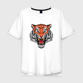 Мужская футболка хлопок Oversize с принтом Сердитый тигр 2022 год в Санкт-Петербурге, 100% хлопок | свободный крой, круглый ворот, “спинка” длиннее передней части | 2022 год тигра | год тигра | китайский | новый год | полосатый | с принтом тигра | с символом | с тигром | сердитый | тигр