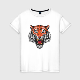 Женская футболка хлопок с принтом Сердитый тигр 2022 год в Санкт-Петербурге, 100% хлопок | прямой крой, круглый вырез горловины, длина до линии бедер, слегка спущенное плечо | 2022 год тигра | год тигра | китайский | новый год | полосатый | с принтом тигра | с символом | с тигром | сердитый | тигр