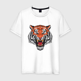 Мужская футболка хлопок с принтом Сердитый тигр 2022 год в Санкт-Петербурге, 100% хлопок | прямой крой, круглый вырез горловины, длина до линии бедер, слегка спущенное плечо. | 2022 год тигра | год тигра | китайский | новый год | полосатый | с принтом тигра | с символом | с тигром | сердитый | тигр