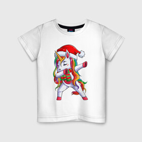 Детская футболка хлопок с принтом Новогодний Единорог Даб в Санкт-Петербурге, 100% хлопок | круглый вырез горловины, полуприлегающий силуэт, длина до линии бедер | christmas | dabbing | santa | unicorn | даббинг | дед мороз | единорог | новый год | радуга | радужный | рождество | санта | снежинка | юникорн