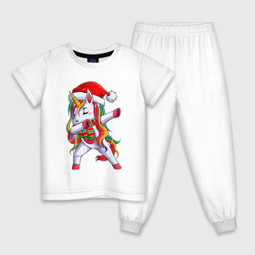 Детская пижама хлопок с принтом Новогодний Единорог Даб в Санкт-Петербурге, 100% хлопок |  брюки и футболка прямого кроя, без карманов, на брюках мягкая резинка на поясе и по низу штанин
 | Тематика изображения на принте: christmas | dabbing | santa | unicorn | даббинг | дед мороз | единорог | новый год | радуга | радужный | рождество | санта | снежинка | юникорн