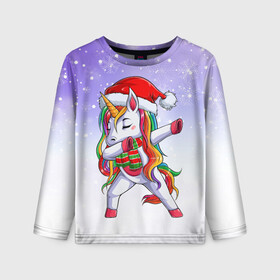 Детский лонгслив 3D с принтом Xmas Unicorn Dabbing   Рождественский Единорог Даб в Санкт-Петербурге, 100% полиэстер | длинные рукава, круглый вырез горловины, полуприлегающий силуэт
 | Тематика изображения на принте: christmas | dabbing | santa | unicorn | даббинг | дед мороз | единорог | зима | новый год | радуга | радужный | рождество | санта | снег | снежинка | юникорн