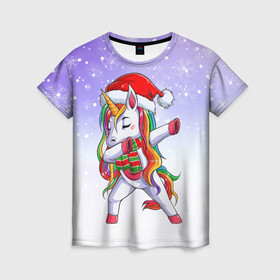 Женская футболка 3D с принтом Xmas Unicorn Dabbing   Рождественский Единорог Даб в Санкт-Петербурге, 100% полиэфир ( синтетическое хлопкоподобное полотно) | прямой крой, круглый вырез горловины, длина до линии бедер | christmas | dabbing | santa | unicorn | даббинг | дед мороз | единорог | зима | новый год | радуга | радужный | рождество | санта | снег | снежинка | юникорн