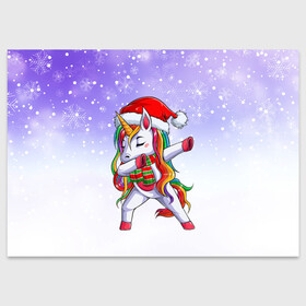 Поздравительная открытка с принтом Xmas Unicorn Dabbing   Рождественский Единорог Даб в Санкт-Петербурге, 100% бумага | плотность бумаги 280 г/м2, матовая, на обратной стороне линовка и место для марки
 | christmas | dabbing | santa | unicorn | даббинг | дед мороз | единорог | зима | новый год | радуга | радужный | рождество | санта | снег | снежинка | юникорн
