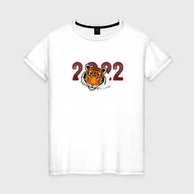 Женская футболка хлопок с принтом Морда тигра 2022 в Санкт-Петербурге, 100% хлопок | прямой крой, круглый вырез горловины, длина до линии бедер, слегка спущенное плечо | 2022 | год тигра | новый год | новый год 2022 | символ года | тигр | тигренок | тигрица | тигры