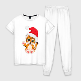 Женская пижама хлопок с принтом Новый год (тигренок) в Санкт-Петербурге, 100% хлопок | брюки и футболка прямого кроя, без карманов, на брюках мягкая резинка на поясе и по низу штанин | 2022 | год тигра | новогодний тигр | новый год | рождество | символ 2022 года | снежинки | тигр