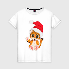 Женская футболка хлопок с принтом Новый год (тигренок) в Санкт-Петербурге, 100% хлопок | прямой крой, круглый вырез горловины, длина до линии бедер, слегка спущенное плечо | 2022 | год тигра | новогодний тигр | новый год | рождество | символ 2022 года | снежинки | тигр