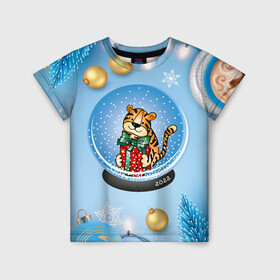 Детская футболка 3D с принтом Тигренок в новогоднем шаре в Санкт-Петербурге, 100% гипоаллергенный полиэфир | прямой крой, круглый вырез горловины, длина до линии бедер, чуть спущенное плечо, ткань немного тянется | 2022 | год тигра | новый год | новый год 2022 | символ года | тигр | тигренок | тигрица | тигры