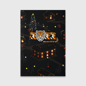 Обложка для паспорта матовая кожа с принтом Ночной новогодний город 2022 год тигра в Санкт-Петербурге, натуральная матовая кожа | размер 19,3 х 13,7 см; прозрачные пластиковые крепления | Тематика изображения на принте: 2022 | год тигра | новый год | новый год 2022 | символ года | тигр | тигренок | тигрица | тигры
