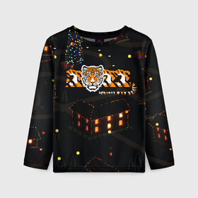 Детский лонгслив 3D с принтом Ночной новогодний город 2022 год тигра в Санкт-Петербурге, 100% полиэстер | длинные рукава, круглый вырез горловины, полуприлегающий силуэт
 | 2022 | год тигра | новый год | новый год 2022 | символ года | тигр | тигренок | тигрица | тигры