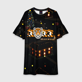Детское платье 3D с принтом Ночной новогодний город 2022 год тигра в Санкт-Петербурге, 100% полиэстер | прямой силуэт, чуть расширенный к низу. Круглая горловина, на рукавах — воланы | 2022 | год тигра | новый год | новый год 2022 | символ года | тигр | тигренок | тигрица | тигры