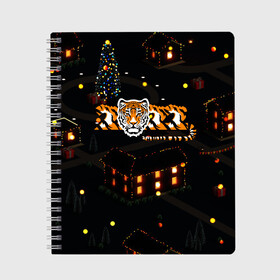Тетрадь с принтом Ночной новогодний город 2022 год тигра в Санкт-Петербурге, 100% бумага | 48 листов, плотность листов — 60 г/м2, плотность картонной обложки — 250 г/м2. Листы скреплены сбоку удобной пружинной спиралью. Уголки страниц и обложки скругленные. Цвет линий — светло-серый
 | Тематика изображения на принте: 2022 | год тигра | новый год | новый год 2022 | символ года | тигр | тигренок | тигрица | тигры