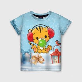 Детская футболка 3D с принтом Тигренок жует жвачку в Санкт-Петербурге, 100% гипоаллергенный полиэфир | прямой крой, круглый вырез горловины, длина до линии бедер, чуть спущенное плечо, ткань немного тянется | 2022 | год тигра | новый год | новый год 2022 | символ года | тигр | тигренок | тигрица | тигры