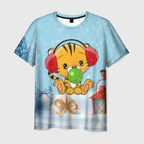 Мужская футболка 3D с принтом Тигренок жует жвачку в Санкт-Петербурге, 100% полиэфир | прямой крой, круглый вырез горловины, длина до линии бедер | 2022 | год тигра | новый год | новый год 2022 | символ года | тигр | тигренок | тигрица | тигры