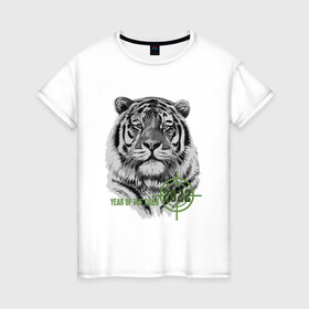 Женская футболка хлопок с принтом Год белого тигра 2022 в Санкт-Петербурге, 100% хлопок | прямой крой, круглый вырез горловины, длина до линии бедер, слегка спущенное плечо | 2022 | tiger | year of the tiger | белый тигр | год 2022 | год под прицелом | год тигра | новогодний тигр | новый год | тигр