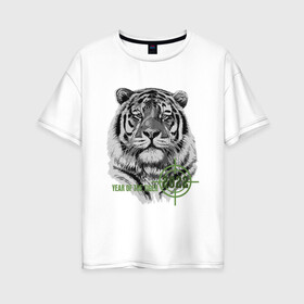 Женская футболка хлопок Oversize с принтом Год белого тигра 2022 в Санкт-Петербурге, 100% хлопок | свободный крой, круглый ворот, спущенный рукав, длина до линии бедер
 | 2022 | tiger | year of the tiger | белый тигр | год 2022 | год под прицелом | год тигра | новогодний тигр | новый год | тигр
