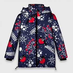 Женская зимняя куртка Oversize с принтом Снегири и рябина в Санкт-Петербурге, верх — 100% полиэстер; подкладка — 100% полиэстер; утеплитель — 100% полиэстер | длина ниже бедра, силуэт Оверсайз. Есть воротник-стойка, отстегивающийся капюшон и ветрозащитная планка. 

Боковые карманы с листочкой на кнопках и внутренний карман на молнии | birds | bullfinches | christmas | mountain ash | new year | snow | snowflakes | winter | зима | новый год | птицы | рождество | рябина | снег | снегири | снежинки