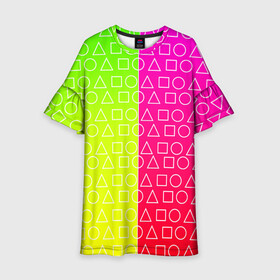 Детское платье 3D с принтом Игра в кальмара (розовый+желтый) в Санкт-Петербурге, 100% полиэстер | прямой силуэт, чуть расширенный к низу. Круглая горловина, на рукавах — воланы | frankenstein dress | гра в кальмара | желтый | зеленый | игра | кальмар | квадрат | квадратик | красный | круг | кружок | половинчатый | розовый | треугольник | треугольничек