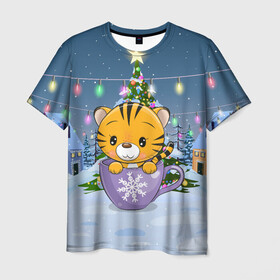 Мужская футболка 3D с принтом Тигренок 2022 в кружке в Санкт-Петербурге, 100% полиэфир | прямой крой, круглый вырез горловины, длина до линии бедер | 2022 | год тигра | новый год | новый год 2022 | символ года | тигр | тигренок | тигрица | тигры