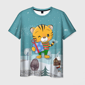 Мужская футболка 3D с принтом 2022 Тигренок с подарком в Санкт-Петербурге, 100% полиэфир | прямой крой, круглый вырез горловины, длина до линии бедер | 2022 | год тигра | новый год | новый год 2022 | символ года | тигр | тигренок | тигрица | тигры