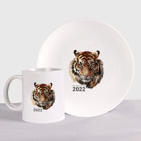 Набор: тарелка + кружка с принтом Тигр 2022 символ в Санкт-Петербурге, керамика | Кружка: объем — 330 мл, диаметр — 80 мм. Принт наносится на бока кружки, можно сделать два разных изображения. 
Тарелка: диаметр - 210 мм, диаметр для нанесения принта - 120 мм. | Тематика изображения на принте: амурский тигр | год 2022 | кошка | новый год | символ 2022 | тигр | тигр 2022