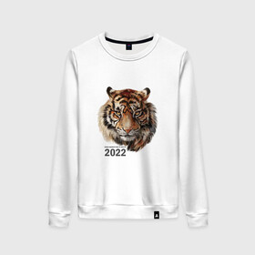 Женский свитшот хлопок с принтом Тигр 2022 символ в Санкт-Петербурге, 100% хлопок | прямой крой, круглый вырез, на манжетах и по низу широкая трикотажная резинка  | амурский тигр | год 2022 | кошка | новый год | символ 2022 | тигр | тигр 2022