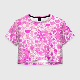 Женская футболка Crop-top 3D с принтом MURAKAMI PINK МУРАКАМИ РОЗОВЫЙ в Санкт-Петербурге, 100% полиэстер | круглая горловина, длина футболки до линии талии, рукава с отворотами | cute flowers | flower superflat | flowers | murakami | pop art | superflat | takashi murakami | милые цветочки | мураками | ромашки | такаси мураками | такаши мураками | цветочки | цветы