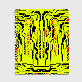 Тетрадь с принтом Cyberpunk 2077 YELLOW в Санкт-Петербурге, 100% бумага | 48 листов, плотность листов — 60 г/м2, плотность картонной обложки — 250 г/м2. Листы скреплены сбоку удобной пружинной спиралью. Уголки страниц и обложки скругленные. Цвет линий — светло-серый
 | Тематика изображения на принте: будущее | жолтый | киберпанк | минимализм | полосы | схемы