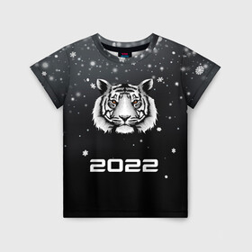Детская футболка 3D с принтом Новогодний тигр символ 2022. в Санкт-Петербурге, 100% гипоаллергенный полиэфир | прямой крой, круглый вырез горловины, длина до линии бедер, чуть спущенное плечо, ткань немного тянется | Тематика изображения на принте: 2022 | merry christmas | год тигра | зима близко | нг | новогодний | новогодний тигр | новогодняя символика | новый год | новый год 2022 | рождество | символ 2022 года | снег | снежинки | тигр