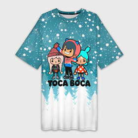 Платье-футболка 3D с принтом Новогодний Toca Boca. в Санкт-Петербурге,  |  | merry christmas | toca boca | toca life world | зима близко | игра | леон | новогодний | новый год | рита | рождество | снег | снежинки | тока бока | тока бока лайф | туса воса