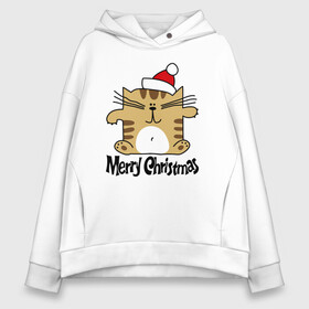 Женское худи Oversize хлопок с принтом Merry Christmas квадратный кот в Санкт-Петербурге, френч-терри — 70% хлопок, 30% полиэстер. Мягкий теплый начес внутри —100% хлопок | боковые карманы, эластичные манжеты и нижняя кромка, капюшон на магнитной кнопке | kitten | merry christmas | red cap | santa claus | sitting | square | tabby cat | квадратный | котёнок | красный колпак | полосатый кот | санта клауса | сидит | счастливого рождества