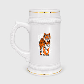 Кружка пивная с принтом Тигр в джунглях в Санкт-Петербурге,  керамика (Материал выдерживает высокую температуру, стоит избегать резкого перепада температур) |  объем 630 мл | 2022 | big cat | happy new year | jungle | palms | predator | tiger | year of the tiger | большая кошка | год тигра | джунгли | пальмы | с новым годом | тигр | хищник