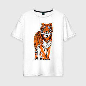 Женская футболка хлопок Oversize с принтом Тигр в джунглях в Санкт-Петербурге, 100% хлопок | свободный крой, круглый ворот, спущенный рукав, длина до линии бедер
 | 2022 | big cat | happy new year | jungle | palms | predator | tiger | year of the tiger | большая кошка | год тигра | джунгли | пальмы | с новым годом | тигр | хищник